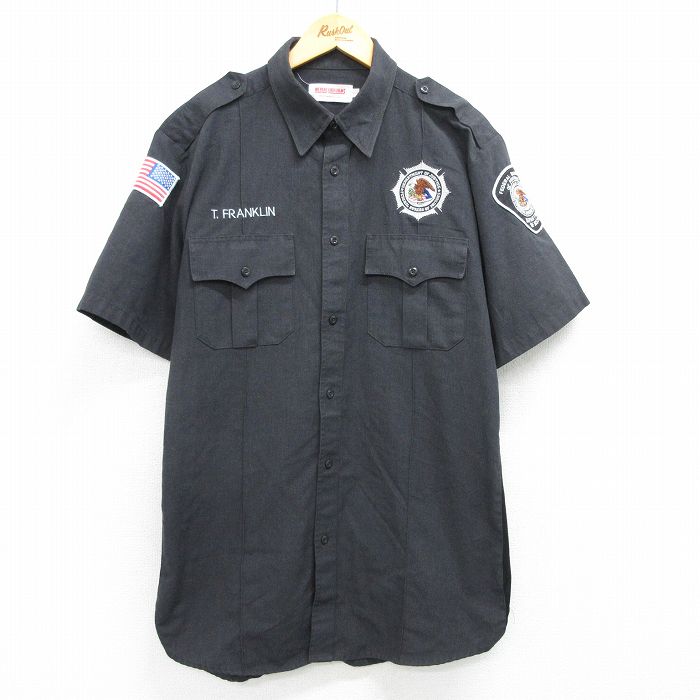 XL★古着 半袖 ワーク シャツ メンズ ワシ 大きいサイズ ロング丈 黒 ブラック 25apr12 中古 トップス