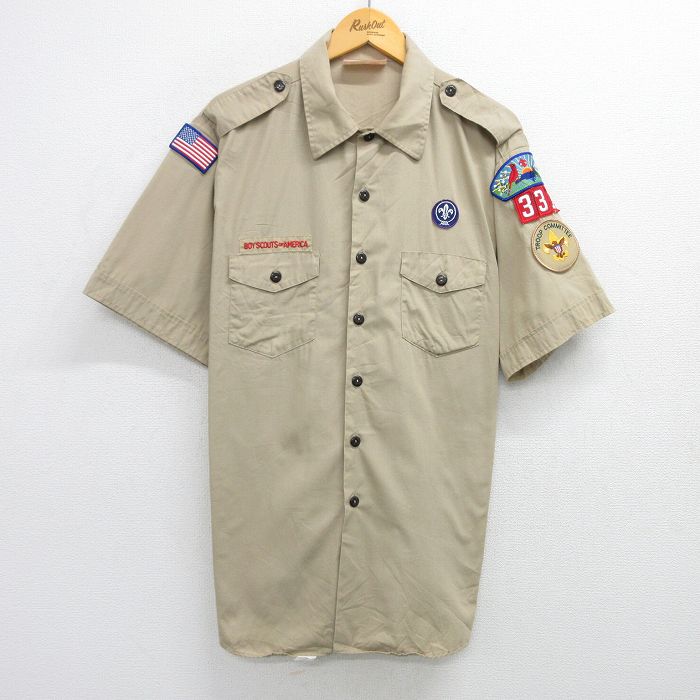 XL★古着 半袖 ボーイスカウト シャツ メンズ 90年代 90s ワッペン 大きいサイズ ロング丈 USA製 ベージュ カーキ 25apr12 中古 トップス