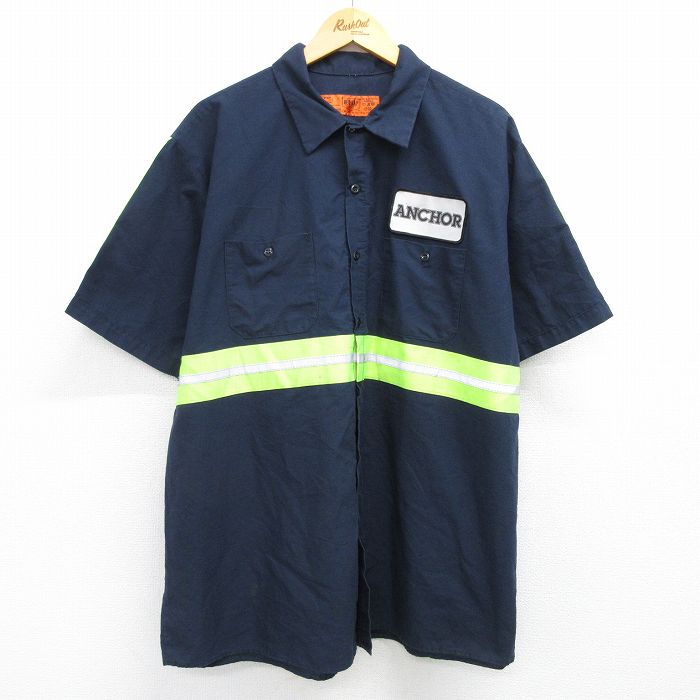 XL★古着 レッドキャップ 半袖 ワーク シャツ メンズ リフレクター 大きいサイズ ロング丈 紺 ネイビー 25apr12 中古 トップス