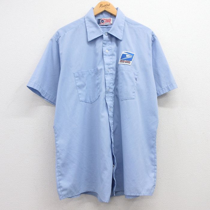 XL★古着 半袖 ワーク シャツ メンズ 90年代 90s 郵便局 大きいサイズ USA製 薄紺 ネイビー 25apr16 中古 トップス
