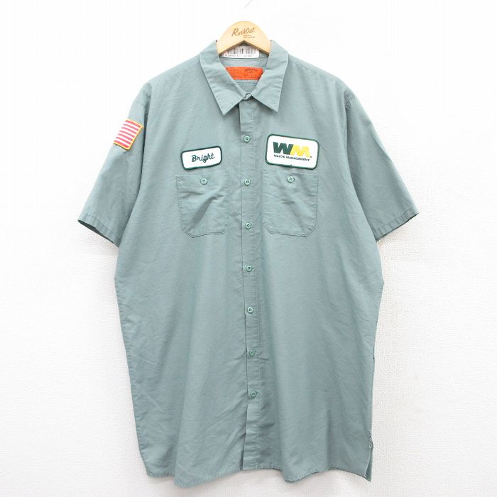 XL★古着 レッドキャップ 半袖 ワーク シャツ メンズ 00年代 00s ワッペン 大きいサイズ ロング丈 緑 グリーン 25apr24 中古 トップス