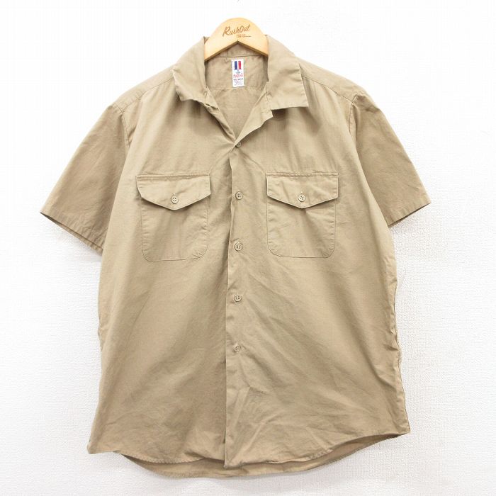 XL★古着 半袖 ワーク シャツ メンズ 80年代 80s コットン 開襟 オープンカラー USA製 ベージュ カーキ 25apr24 中古 トップス
