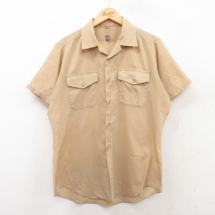 L★古着 半袖 ワーク シャツ メンズ 80年代 80s 開襟 オープンカラー ベージュ カーキ 25apr24 中古 トップス