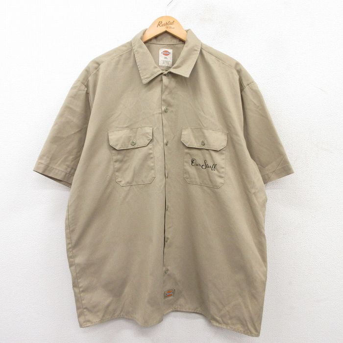 【50%OFF】XL★古着 ディッキーズ Dickies 半袖 ワーク シャツ メンズ 十字架 大きいサイズ ベージュ カーキ 25apr24 中古 トップス