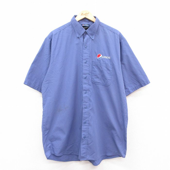 XL★古着 半袖 ワーク シャツ メンズ ペプシ PEPSI 大きいサイズ ロング丈 薄紺 ネイビー 25apr24 中古 トップス