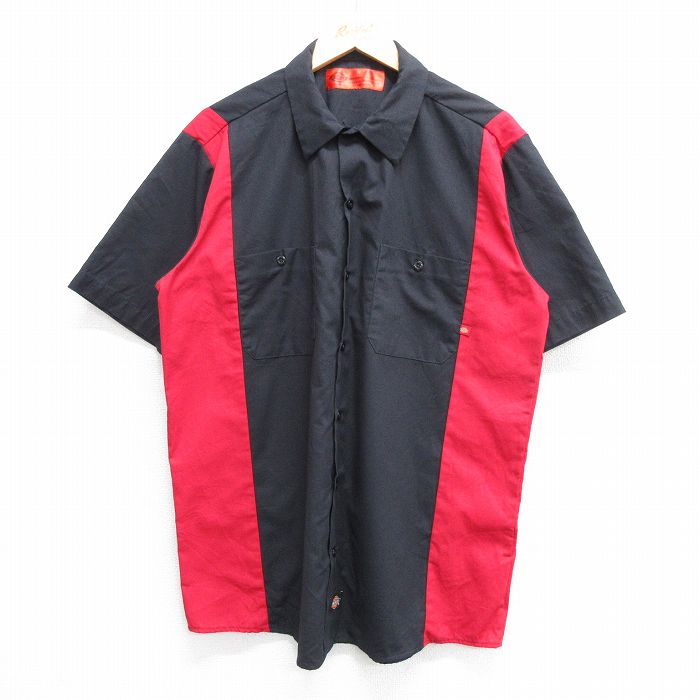 XL★古着 ディッキーズ Dickies 半袖 ワーク シャツ メンズ ツートンカラー 黒他 ブラック 25apr26 中古 トップス