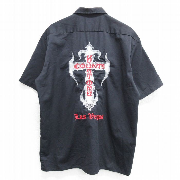 XL★古着 ディッキーズ Dickies 半袖 ワーク シャツ メンズ COUNTS KUSTOMS 刺繍 大きいサイズ ロング丈 黒 ブラック 【spe】 25apr26 中古 トップス
