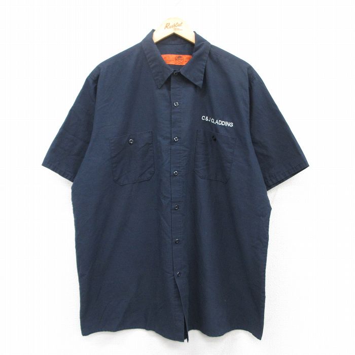 XL★古着 レッドキャップ 半袖 ワーク シャツ メンズ 00年代 00s C&J CLADDING 大きいサイズ ロング丈 紺 ネイビー 25may01 中古 トップス