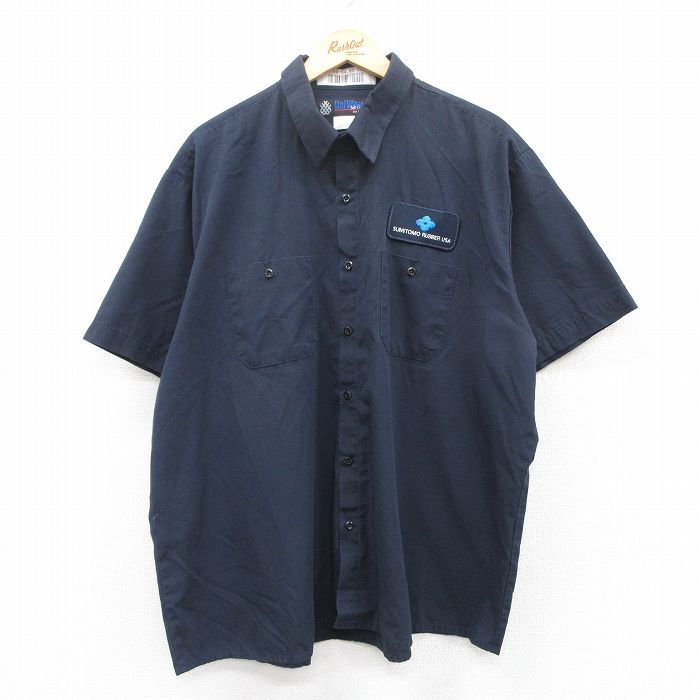 XL★古着 半袖 ワーク シャツ メンズ ワッペン 大きいサイズ 紺 ネイビー 25may01 中古 トップス