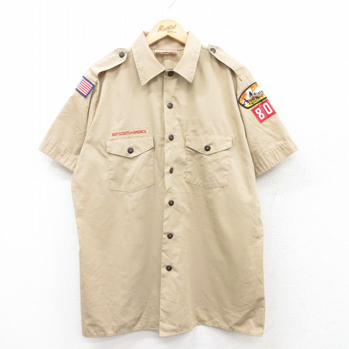 【50%OFF】L★古着 半袖 ボーイスカウト シャツ メンズ 90年代 90s ワッペン USA製 ベージュ カーキ 25may01 中古 トップス