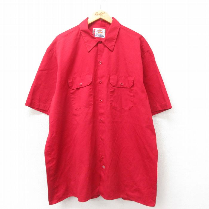 XL★古着 ディッキーズ Dickies 半袖 ワーク シャツ メンズ 大きいサイズ ロング丈 赤 レッド 25may02 中古 トップス