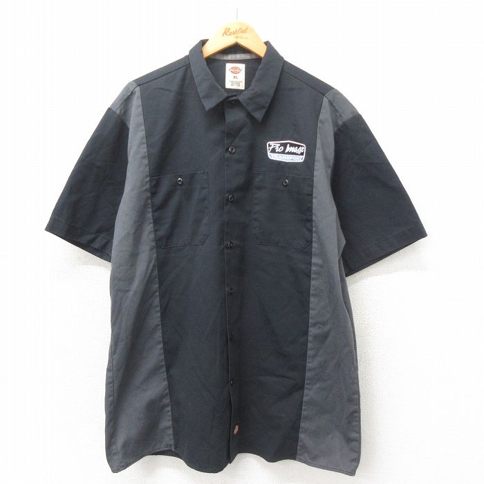 XL★古着 ディッキーズ Dickies 半袖 ワーク シャツ メンズ トランスポーツ ロング丈 ツートンカラー 黒 ブラック 【spe】 25may02 中古 トップス