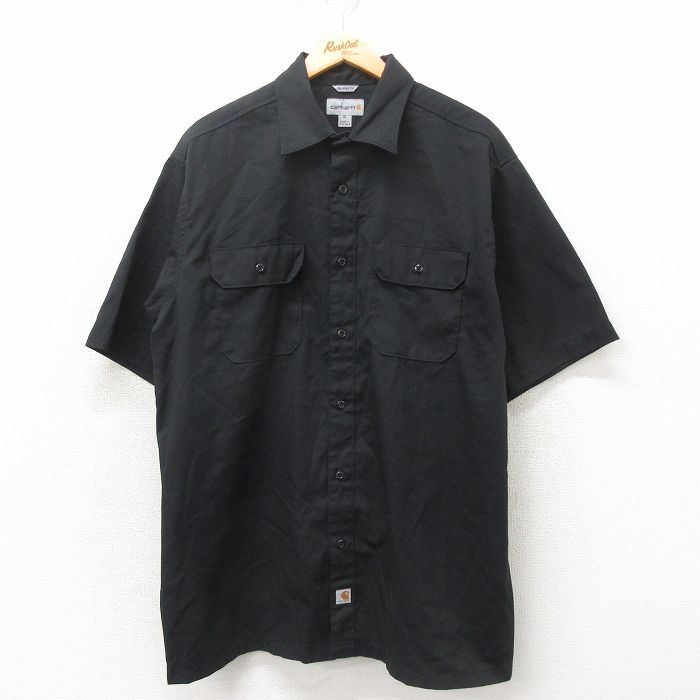 XL★古着 カーハート Carhartt 半袖 ワーク シャツ メンズ 大きいサイズ ロング丈 黒 ブラック 25may02 中古 トップス