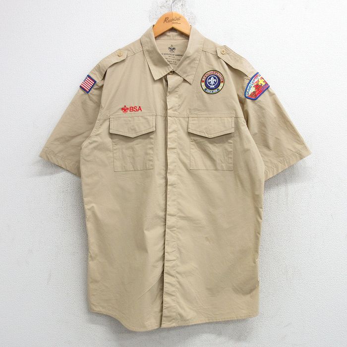L★古着 半袖 ボーイスカウト シャツ メンズ ワッペン ロング丈 ベージュ カーキ 25may10 中古 トップス