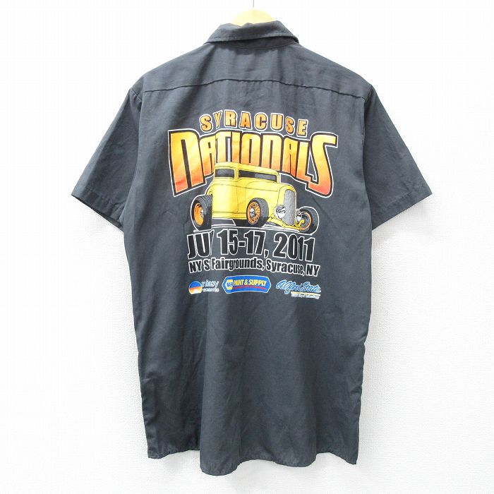 L★古着 ディッキーズ Dickies 半袖 ワーク シャツ メンズ 車 ホットロッド HOT ROD シラキュース ロング丈 濃グレー 25may10 中古 トップス