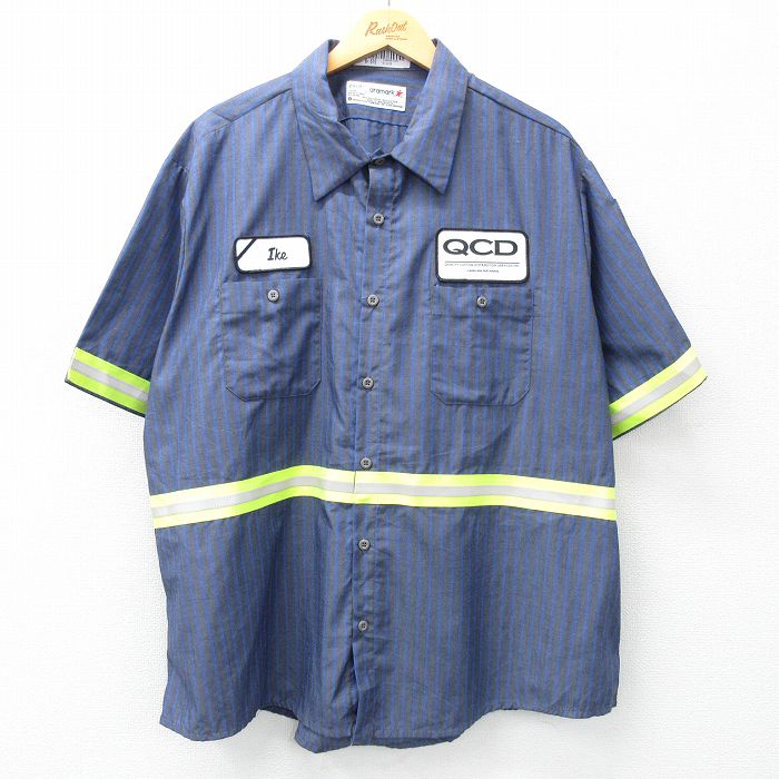 【50%OFF】XL★古着 半袖 ワーク シャツ メンズ ワッペン リフレクター 紺他 ネイビー ストライプ 25may10 中古 トップス