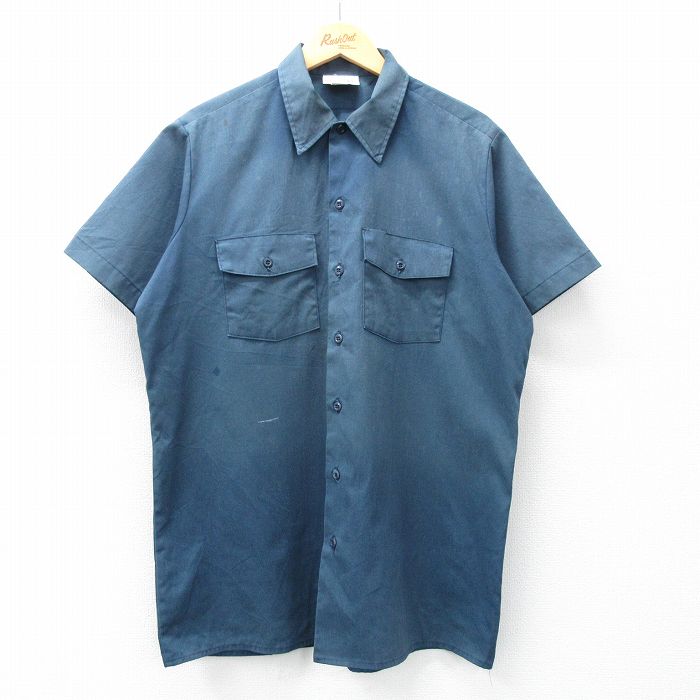 XL★古着 ディッキーズ Dickies 半袖 ワーク シャツ メンズ 90年代 90s ロング丈 USA製 紺 ネイビー 【spe】 25may10 中古 トップス