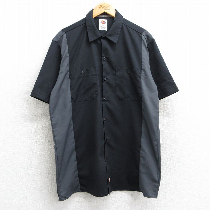 L★古着 ディッキーズ Dickies 半袖 ワーク シャツ メンズ ツートンカラー ロング丈 黒他 ブラック 25may13 中古 トップス