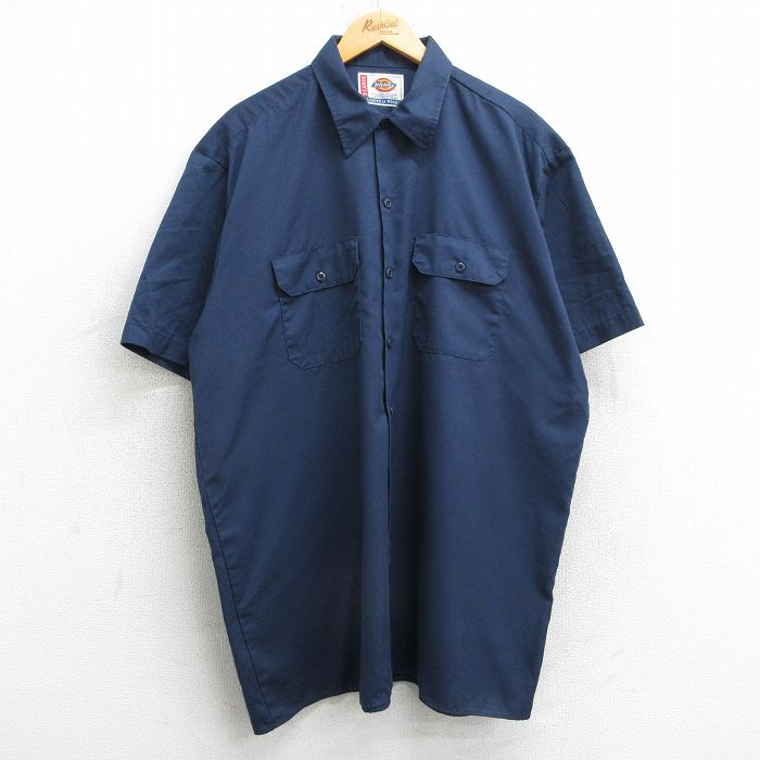 XL★古着 ディッキーズ Dickies 半袖 ワーク シャツ メンズ 大きいサイズ ロング丈 紺 ネイビー 25may13 中古 トップス