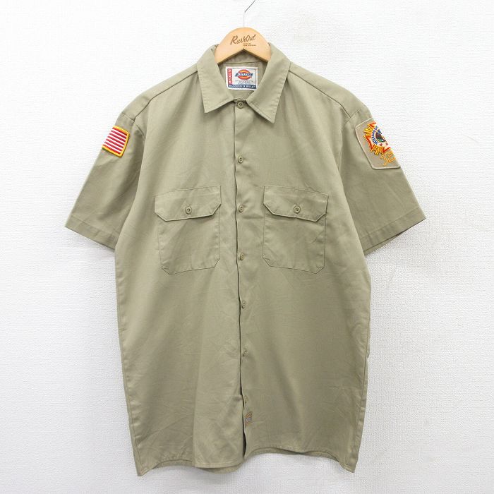 L★古着 ディッキーズ Dickies 半袖 ワーク シャツ メンズ ワッペン ベージュ カーキ 25may15 中古 トップス