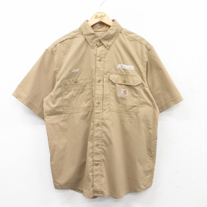XL★古着 カーハート Carhartt 半袖 ワーク シャツ メンズ ATOMATIC ボタンダウン ベージュ カーキ 25may15 中古 トップス