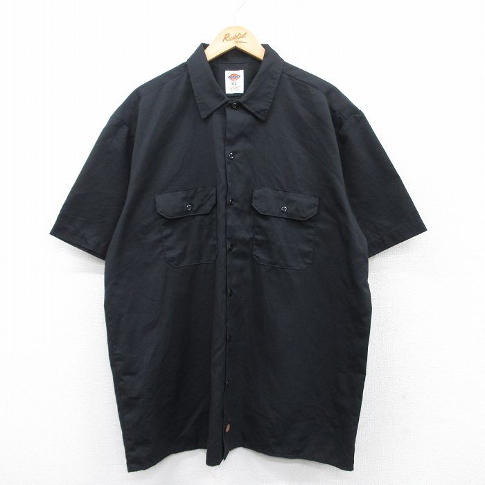 XL★古着 ディッキーズ Dickies 半袖 ワーク シャツ メンズ ボタンダウン ロング丈 黒 ブラック 25may15 中古 トップス