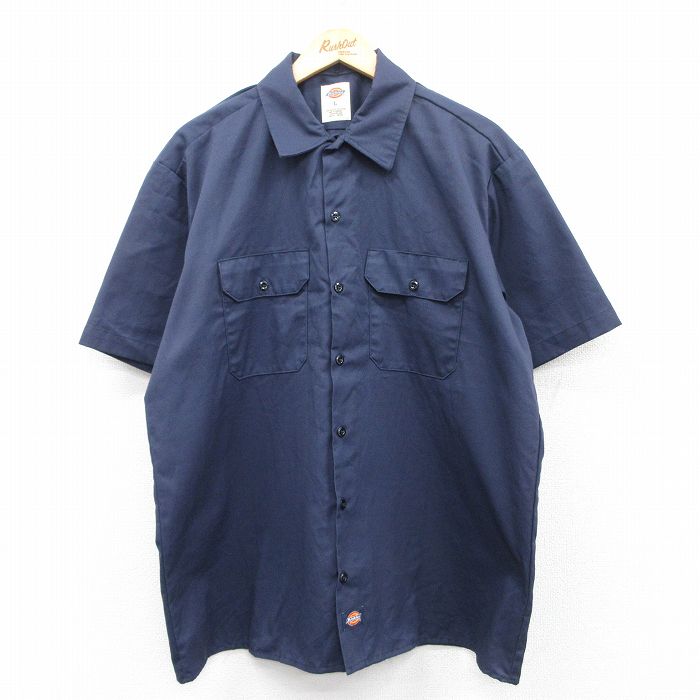 XL★古着 ディッキーズ Dickies 半袖 ワーク シャツ メンズ 紺 ネイビー 25may15 中古 トップス