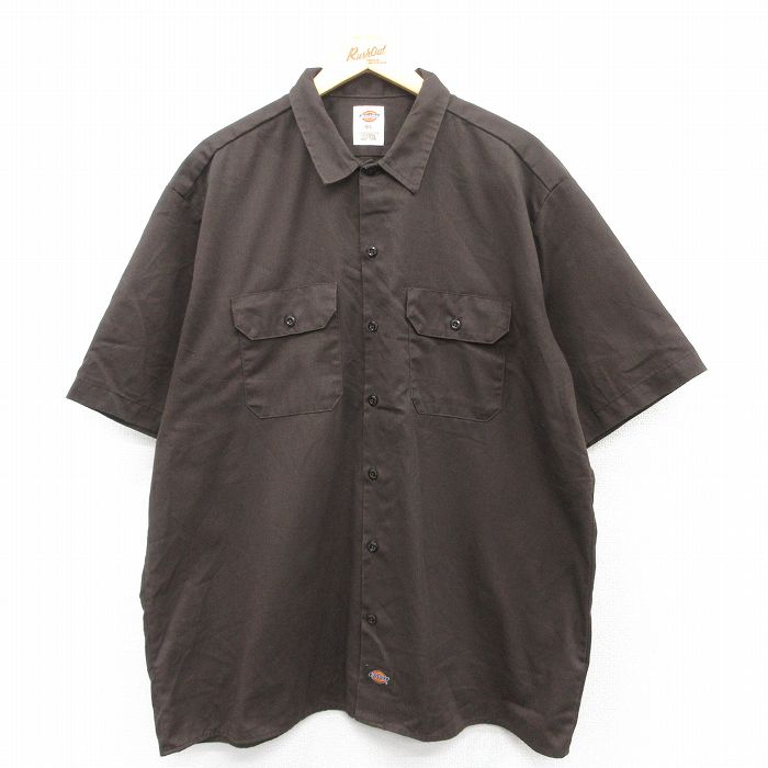 XL★古着 ディッキーズ Dickies 半袖 ワーク シャツ メンズ 大きいサイズ ロング丈 茶 ブラウン 25may15 中古 トップス