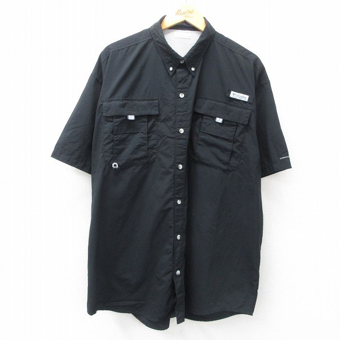 XL★古着 コロンビア COLUMBIA 半袖 フィッシング シャツ メンズ オムニシェイド ロング丈 大きいサイズ 黒 ブラック 内側メッシュ 25may17 中古 トップス