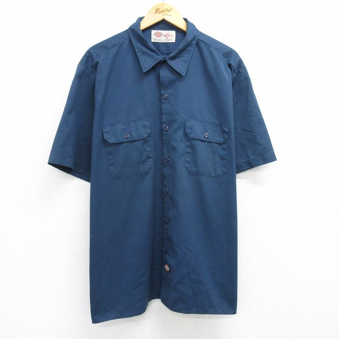 XL★古着 ディッキーズ Dickies 半袖 ワーク シャツ メンズ 00年代 00s 大きいサイズ ロング丈 紺 ネイビー 25may30 中古 トップス
