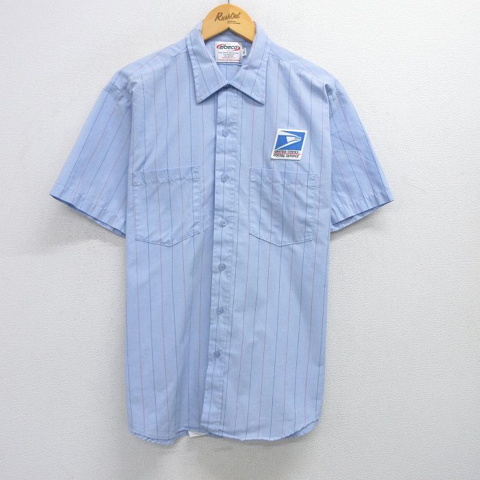 XL★古着 半袖 ワーク シャツ メンズ 90年代 90s アメリカ合衆国郵便公社 USA製 薄紺他 ネイビー ストライプ 25may30 中古 トップス