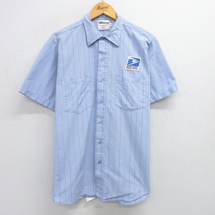XL★古着 半袖 ワーク シャツ メンズ 90年代 90s アメリカ合衆国郵便公社 USA製 薄紺他 ネイビー ストライプ 25may30 中古 トップス