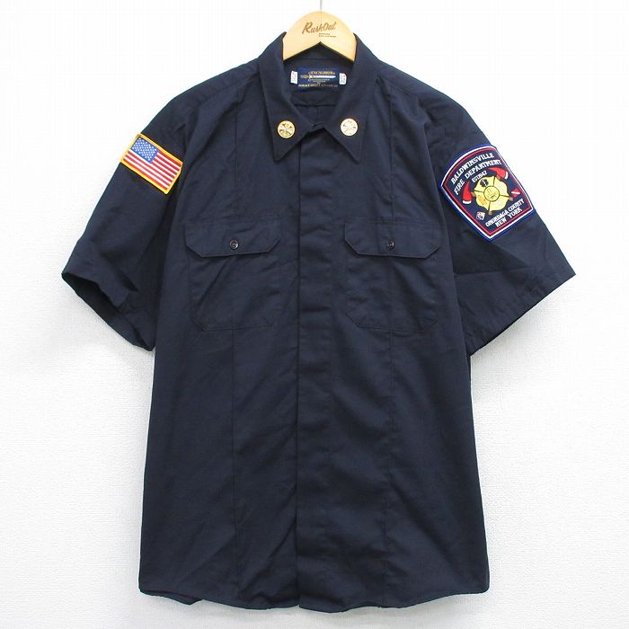 XL★古着 半袖 ワーク シャツ メンズ 90年代 90s 消防署 大きいサイズ ロング丈 USA製 紺系 ネイビー 25may30 中古 トップス