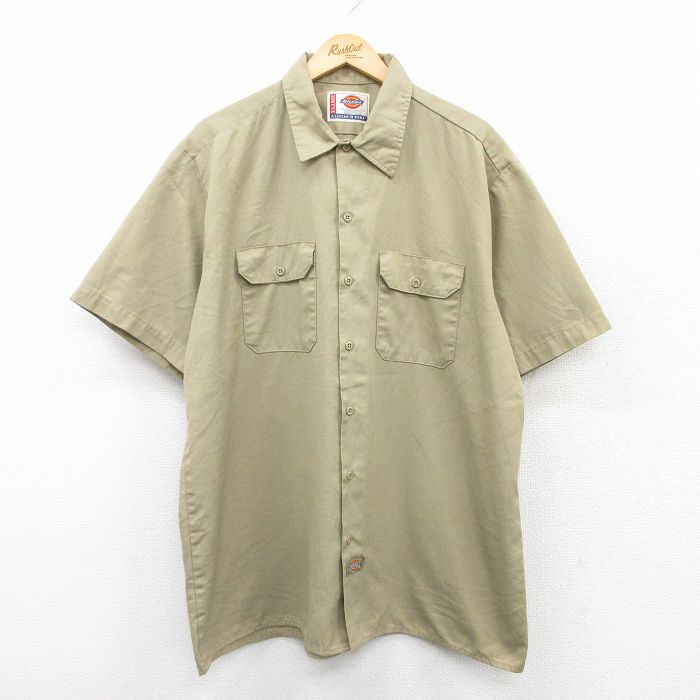 XL★古着 ディッキーズ Dickies 半袖 ワーク シャツ メンズ 大きいサイズ ロング丈 ベージュ カーキ 25may31 中古 トップス