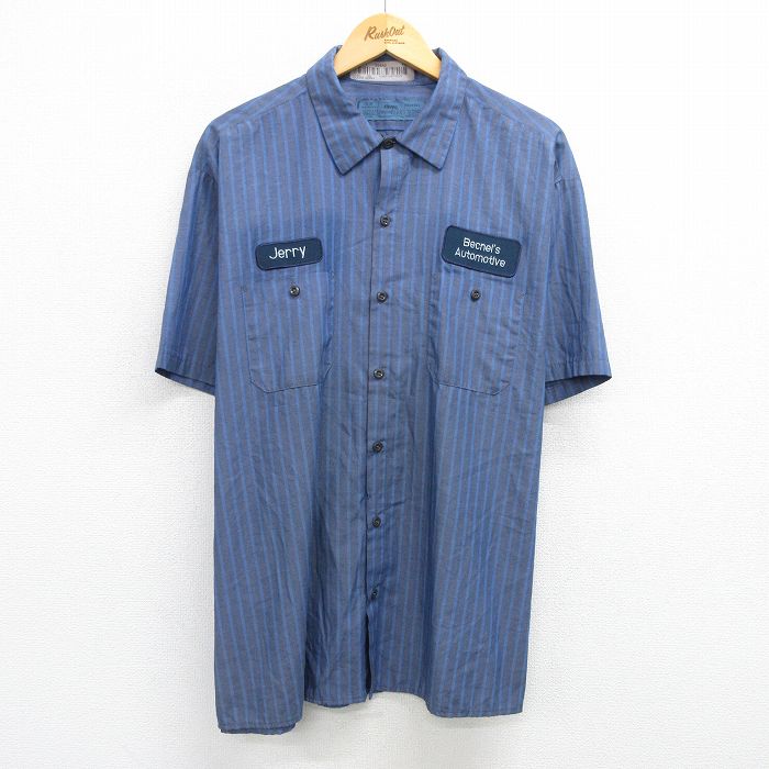 XL★古着 半袖 ワーク シャツ メンズ CiNTAS ワッペン 大きいサイズ 紺他 ネイビー ストライプ 25jun04 中古 トップス