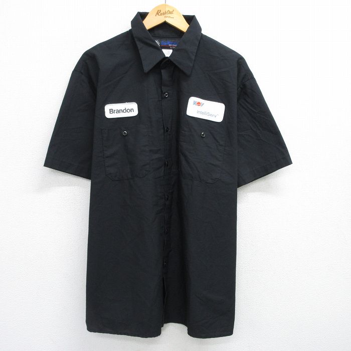 XL★古着 半袖 ワーク シャツ メンズ ワッペン 大きいサイズ ロング丈 黒 ブラック 25jun04 中古 トップス