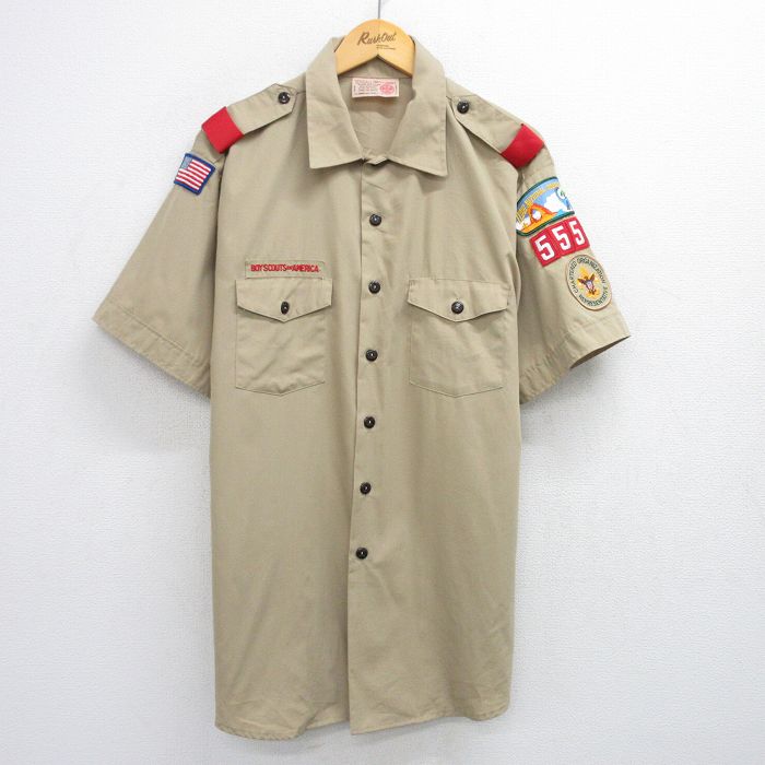 XL★古着 半袖 ボーイスカウト シャツ メンズ 90年代 90s ワッペン 大きいサイズ ロング丈 USA製 ベージュ カーキ 25jun04 中古 トップス