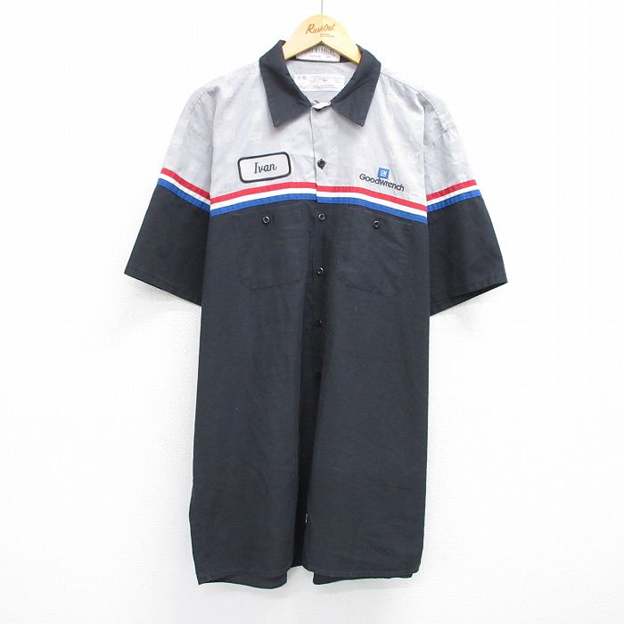 XL★古着 レッドキャップ 半袖 ワーク シャツ メンズ 90年代 90s グッドレンチ 大きいサイズ ロング丈 黒他 ブラック 25jun04 中古 トップス
