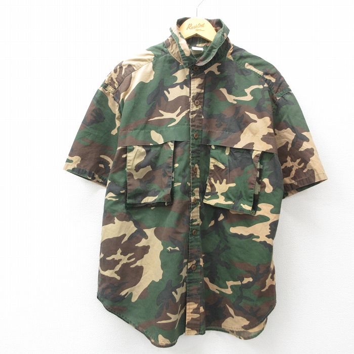 XL★古着 半袖 ハンティング シャツ メンズ 90年代 90s ウッドランドカモ 大きいサイズ 緑他 グリーン 迷彩 内側メッシュ 25jun05 中古 トップス