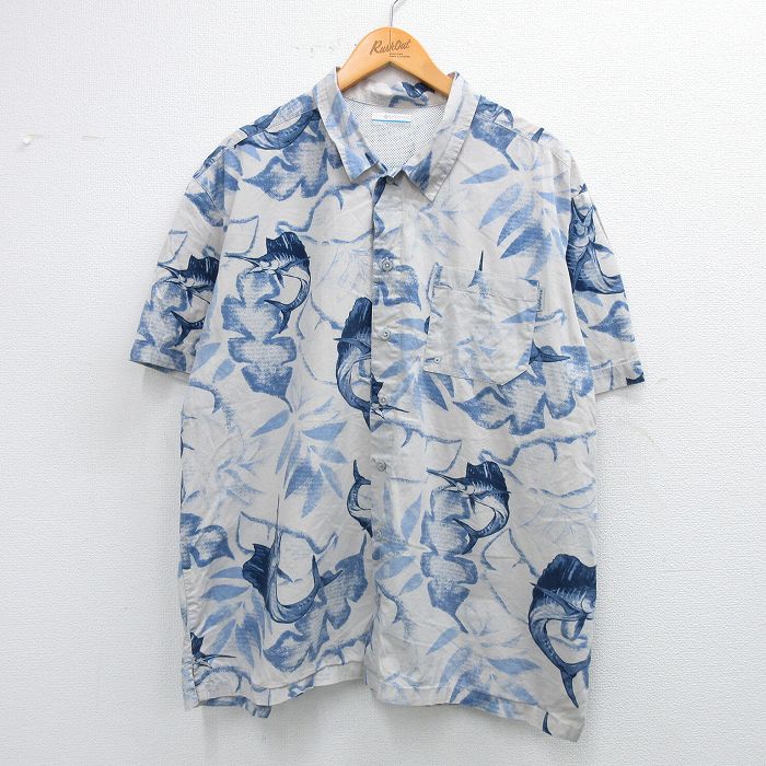 【50%OFF】XL★古着 コロンビア COLUMBIA 半袖 フィッシング シャツ メンズ 魚 葉 総柄 コットン 薄グレー 25jun12 中古 トップス
