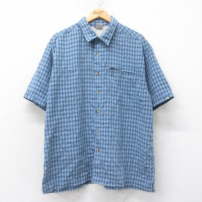 XL★古着 ノースフェイス THE NORTH FACE 半袖 シャツ メンズ 薄紺他 ネイビー チェック 25jun12 中古 トップス