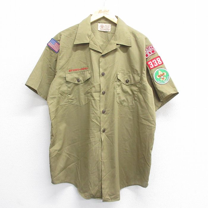 XL★古着 半袖 ボーイスカウト シャツ メンズ 90年代 90s ロング丈 開襟 オープンカラー 緑系 グリーン 25jun16 中古 トップス
