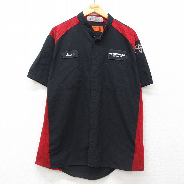【50%OFF】XL★古着 レッドキャップ 半袖 ワーク シャツ メンズ トヨタ リップストップ ワッペン 大きいサイズ ノーカラー 黒他 ブラック 25jun16 中古 トップス