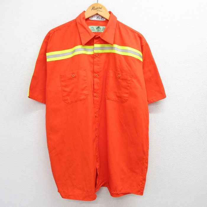【20%OFF】XL★古着 レッドキャップ 半袖 ワーク シャツ メンズ 00年代 00s リフレクター 大きいサイズ ロング丈 コットン オレンジ他 25jun17 中古 トップス