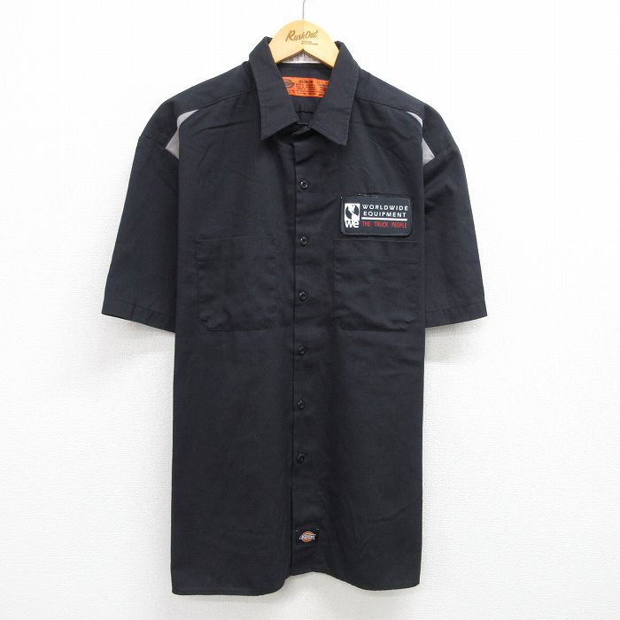 XL★古着 ディッキーズ Dickies 半袖 ワーク シャツ メンズ ワッペン 大きいサイズ ロング丈 黒他 ブラック 25jun17 中古 トップス