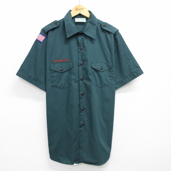 XL★古着 半袖 ボーイスカウト シャツ メンズ 90年代 90s ワンポイントロゴ ロング丈 USA製 濃緑 グリーン 25jun19 中古 トップス