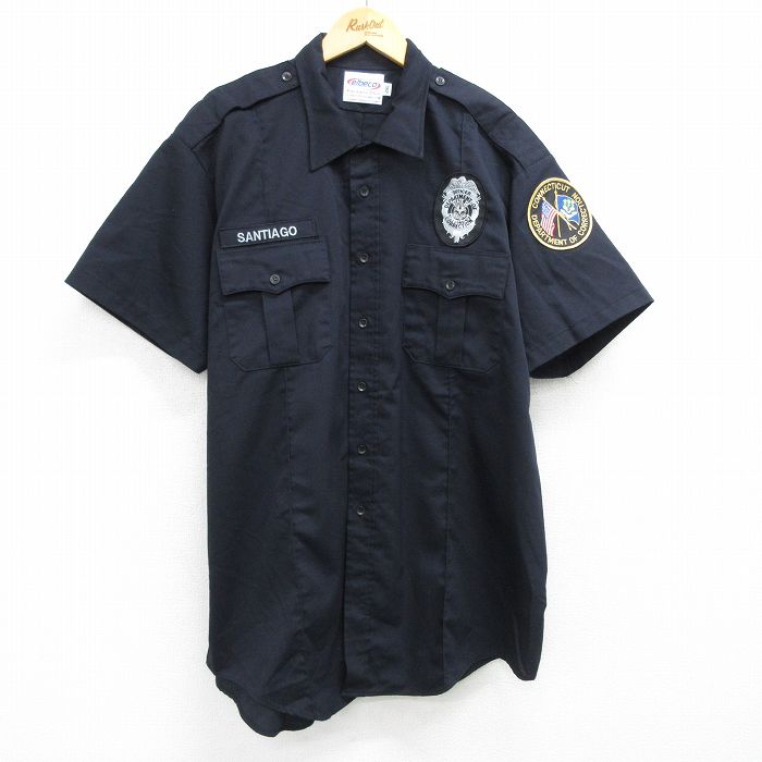 XL★古着 半袖 ワーク シャツ メンズ ワッペン 大きいサイズ ロング丈 黒 ブラック 25jun19 中古 トップス