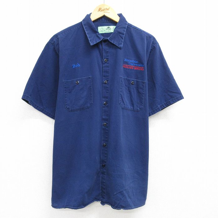 XL★古着 レッドキャップ 半袖 ワーク シャツ メンズ 00年代 00s ブランダイス 大学 大きいサイズ ロング丈 紺 ネイビー 25jun19 中古 トップス