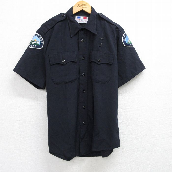 XL★古着 半袖 ワーク シャツ メンズ ポリス ワッペン ロング丈 黒 ブラック 25jun19 中古 トップス