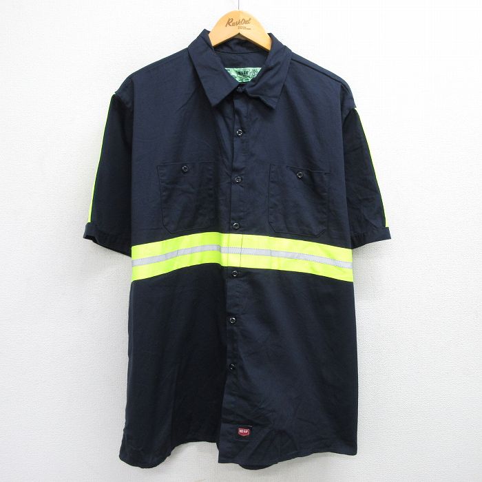 【50%OFF】XL★古着 レッドキャップ 半袖 ワーク シャツ メンズ リフレクター 大きいサイズ ロング丈 コットン 紺系他 ネイビー 25jun19 中古 トップス